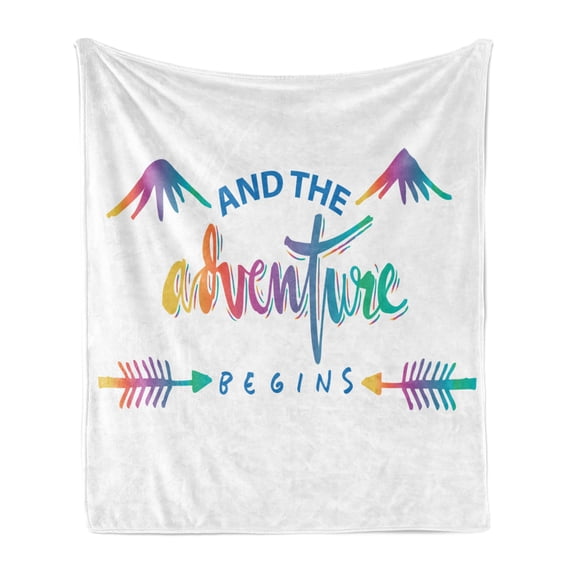 Adventure Soft Flannel Fleece Throw Blanket, Colorful Calligraphic Design with Abstract Mountains and Arrow Journey, Cozy Plush for Indoor and Outdoor Use, 70" x 90", Multicolor, by Ambesonne