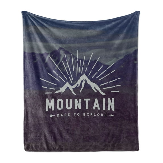 Adventure Soft Flannel Fleece Throw Blanket, Dare to Explore Words Mountain Landscape Journey Adventure Themed Image, Cozy Plush for Indoor and Outdoor Use, 70" x 90", Indigo, by Ambesonne