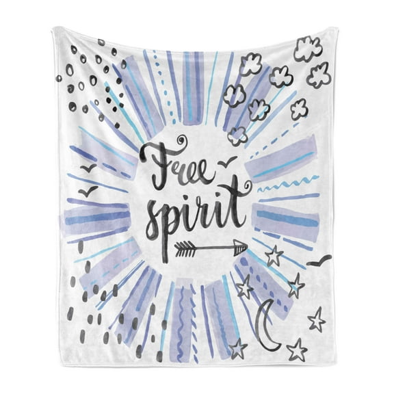 Adventure Soft Flannel Fleece Throw Blanket, Free Words on Watercolor Backdrop Stars Clouds Crescent Moon Artwork Print, Cozy Plush for Indoor and Outdoor Use, 50" x 70", Blue Black, by Ambesonne