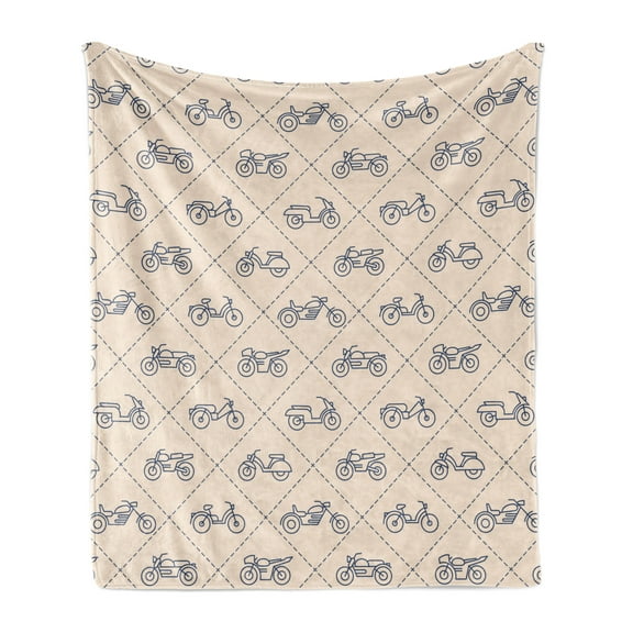 Adventure Soft Flannel Fleece Throw Blanket, Geometric Style Outline Drawings of Motorcycles in Squares, Cozy Plush for Indoor and Outdoor Use, 50" x 60", Champagne Dark Blue Grey, by Ambesonne