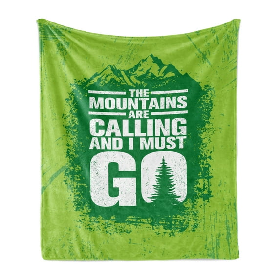 Adventure Soft Flannel Fleece Throw Blanket, Grungy Display Mountains and Retro Letters Call of the Woods, Cozy Plush for Indoor and Outdoor Use, 50" x 70", Lime Green Fern Green, by Ambesonne
