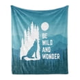 thumbnail image 1 of Adventure Soft Flannel Fleece Throw Blanket, Hand Drawn Be Wild and Wonder Words Howling Wolf in the Woods Under Moon, Cozy Plush for Indoor and Outdoor Use, 60" x 80", Night Blue White, by Ambesonne, 1 of 5