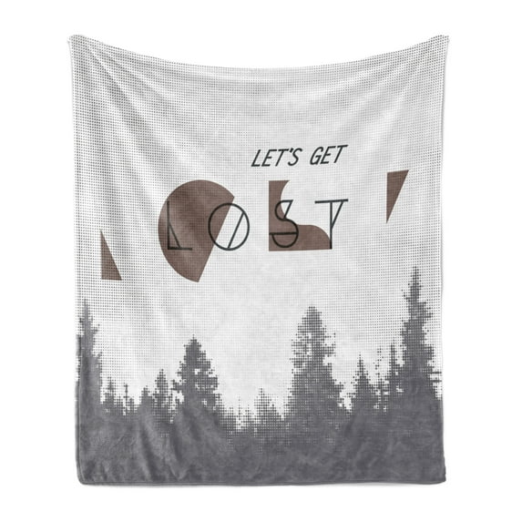 Adventure Soft Flannel Fleece Throw Blanket, Inspirational Words Lets Get Lost Halftone Forest Abstract Vintage Look, Cozy Plush for Indoor and Outdoor Use, 50" x 70", Umber Grey White, by Ambesonne