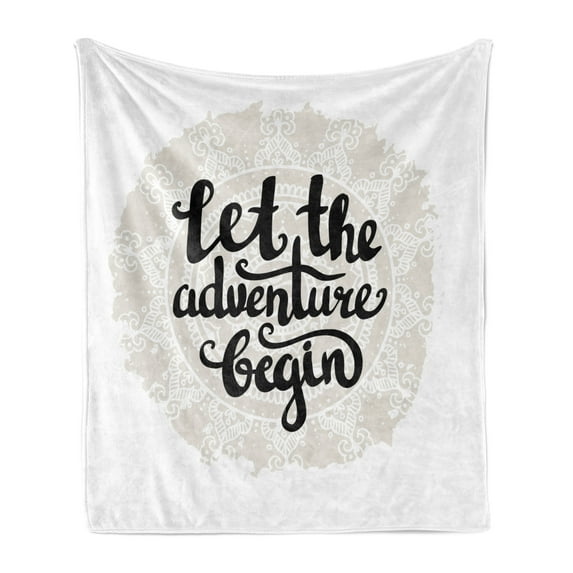 Adventure Soft Flannel Fleece Throw Blanket, Mandala Inspired Round Motif with Phrase Hipster Vintage, Cozy Plush for Indoor and Outdoor Use, 70" x 90", Pale Grey Black White, by Ambesonne