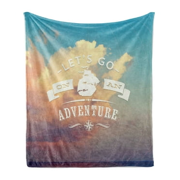 Adventure Soft Flannel Fleece Throw Blanket, Open Sky with Sublime Cloud Words Lets Go on an Adventure Print, Cozy Plush for Indoor and Outdoor Use, 50" x 70", Sky Blue Cream, by Ambesonne