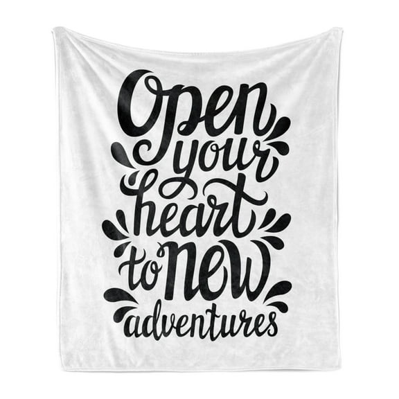 Adventure Soft Flannel Fleece Throw Blanket, Open Your Heart New Adventures Words Lettering with Sixties Inspired Design, Cozy Plush for Indoor and Outdoor Use, 60" x 80", Black White, by Ambesonne