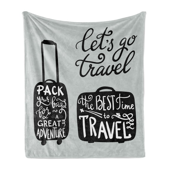 Adventure Soft Flannel Fleece Throw Blanket, Packing the Bags and Traveling World Journey and Fun Themed Work of Art Print, Cozy Plush for Indoor and Outdoor Use, 70" x 90", Black White, by Ambesonne