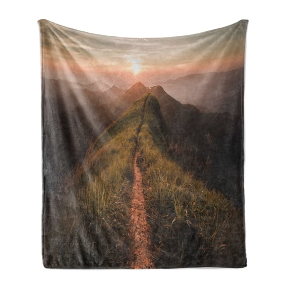 Adventure Soft Flannel Fleece Throw Blanket, Photograph of Road on a Cliff Leading to the Sun Trekking Course Nature Image, Cozy Plush for Indoor and Outdoor Use, 50" x 60", Fern Green, by Ambesonne