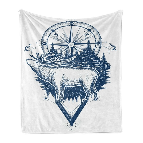 Adventure Soft Flannel Fleece Throw Blanket, Reindeer and Compass Travel Wilderness Forest Outdoors, Cozy Plush for Indoor and Outdoor Use, 50" x 60", Dark Blue White, by Ambesonne