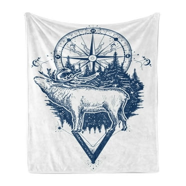 Adventure Soft Flannel Fleece Throw Blanket, Reindeer and Compass Travel Wilderness Forest Outdoors, Cozy Plush for Indoor and Outdoor Use, 70" x 90", Dark Blue White, by Ambesonne