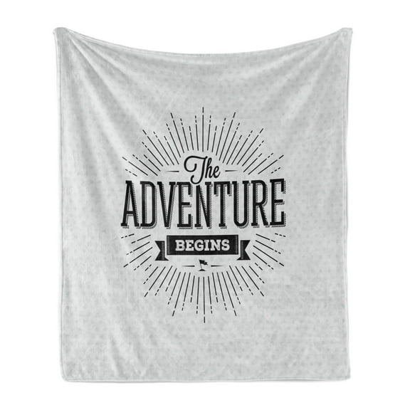 Adventure Soft Flannel Fleece Throw Blanket, Retro Beginning of the Adventure Words on White Backdrop Vintage, Cozy Plush for Indoor and Outdoor Use, 50" x 70", Black White, by Ambesonne
