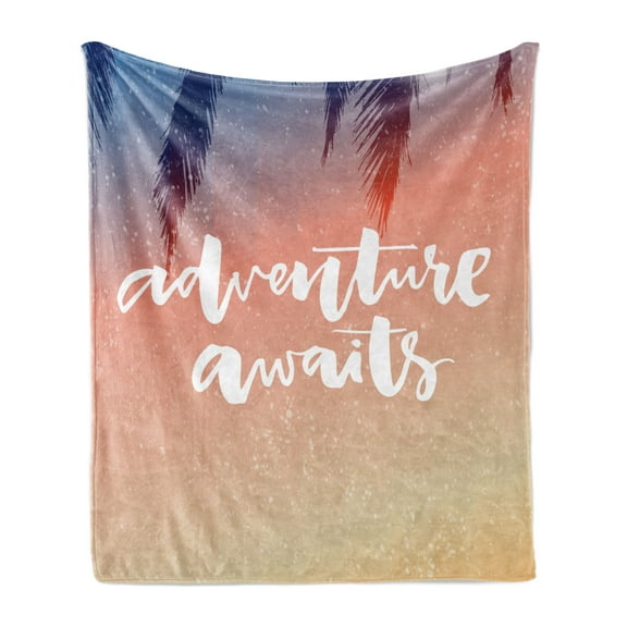Adventure Soft Flannel Fleece Throw Blanket, Summer Interpretation of Modern Typographic Message on Soft Ombre Background, Cozy Plush for Indoor and Outdoor Use, 70" x 90", Multicolor, by Ambesonne