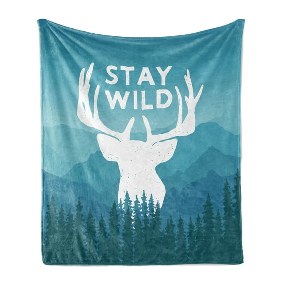 Adventure Soft Flannel Fleece Throw Blanket, Wilderness Themed Stay Wild Words Scenic Mountain Backdrop Forest, Cozy Plush for Indoor and Outdoor Use, 70" x 90", Baby Blue Dark Blue, by Ambesonne