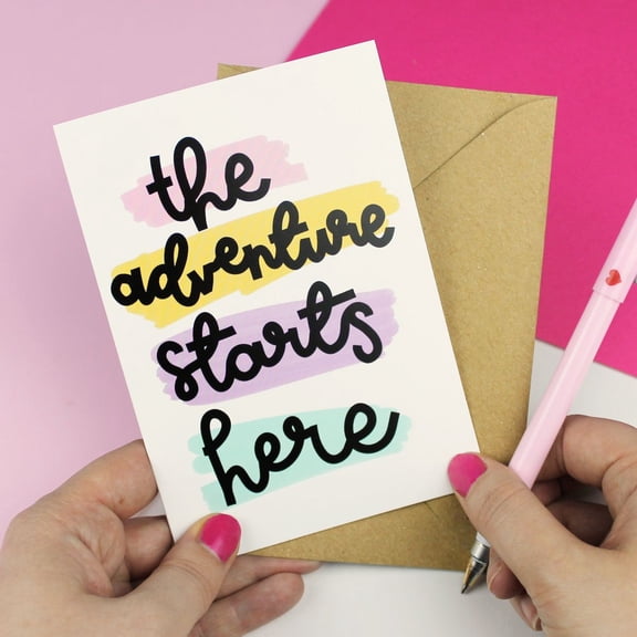 The Adventure Starts Here Greeting Card – Inspirational Note with Colorful Stripes – Blank Inside, Envelope Included – Perfect for Encouragement and New Beginnings