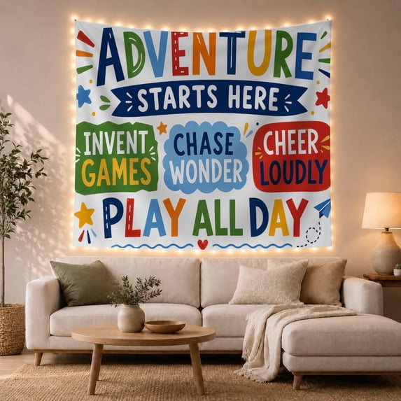 Adventure Starts Here with Play All Day Text, Energetic Illustration for Kids, Activity Room Decor, Birthday Gift, Tapestry Wall Hanging for Playroom and Bedroom