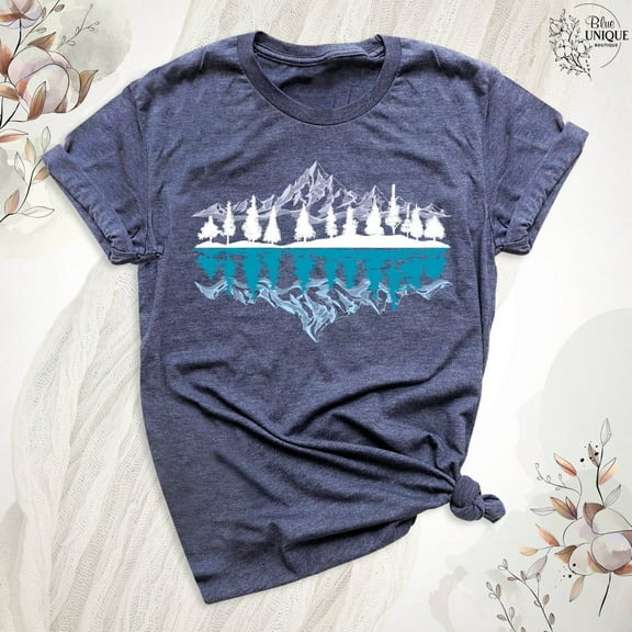 Adventure T-Shirt, Mountain Landscape Reflection Forest Trees Outdoor Wildlife Shirt, Outdoor Camping Tee Shirt, Mountain Nature Hiking Tee, Full Size S-5XL
