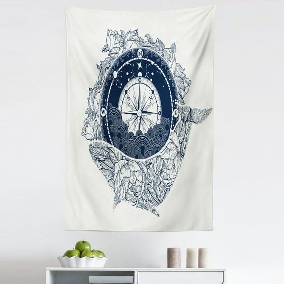 Adventure Tapestry, Antique Marine Compass and Floral Whale Victorian Vintage, Fabric Wall Hanging Decor for Bedroom Living Room Dorm, 5 Sizes, Dark Blue White, by Ambesonne