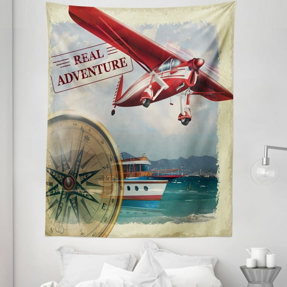 Adventure Tapestry, Real Adventure Words Coastline and a Red Airplane Journey Travel Themed Art, Fabric Wall Hanging Decor for Bedroom Living Room Dorm, 5 Sizes, Multicolor, by Ambesonne