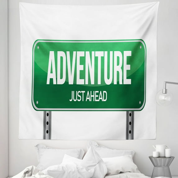 Adventure Tapestry, Signboard Road Travel Highway Just Ahead Typography on Plain Background, Fabric Wall Hanging Decor for Bedroom Living Room Dorm, 5 Sizes, White Hunter Green, by Ambesonne