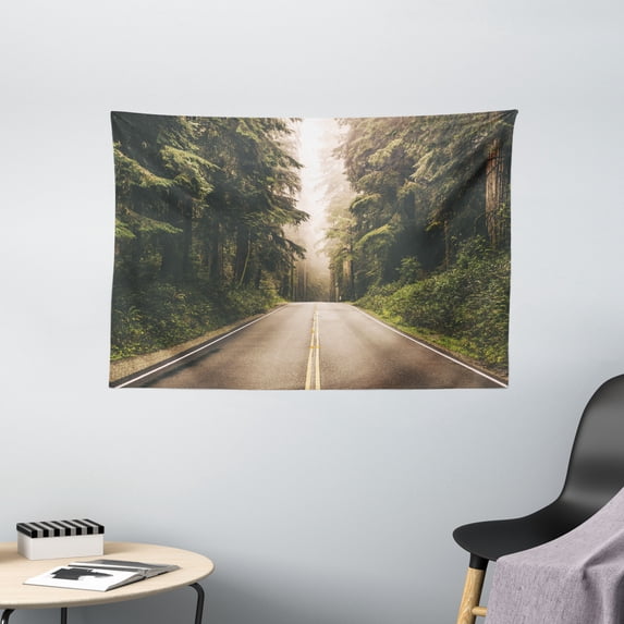 Adventure Tapestry, Straight Highway in Northern California United States Nature Photography, Wall Hanging for Bedroom Living Room Dorm Decor, 60W X 40L Inches, Forest Green Grey, by Ambesonne