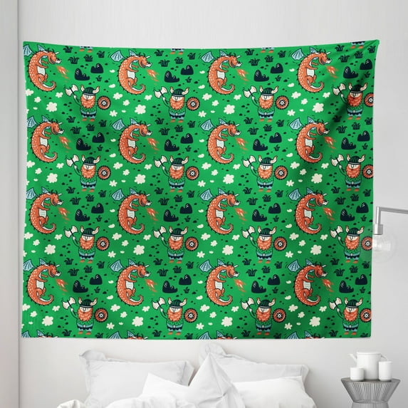 Adventure Tapestry, Tiny Winged Flying Dragon Old Ginger Viking Man, Fabric Wall Hanging Decor for Bedroom Living Room Dorm, 5 Sizes, Burnt Sienna Fern Green, by Ambesonne
