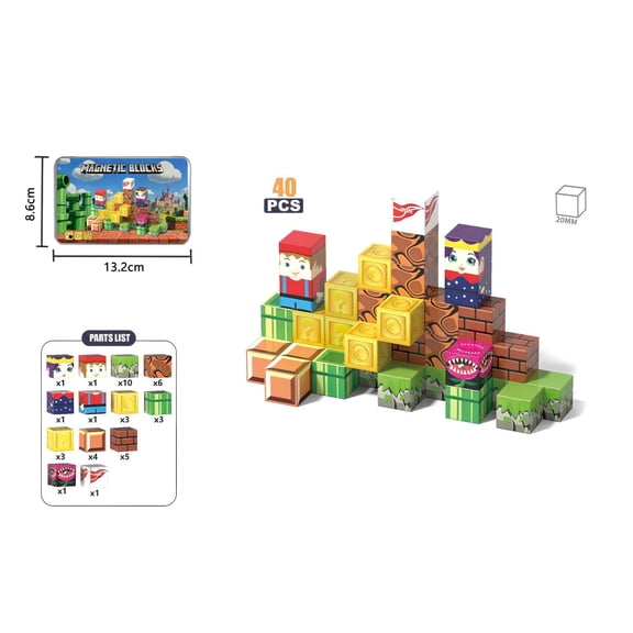 Adventure Theme Magnetic Blocks 40 PCS, Kids Cube Building Toy, Portable Early Learning Gift