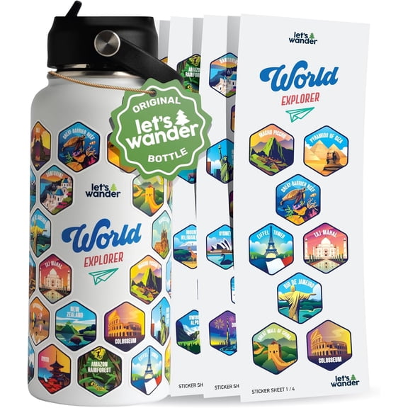 Adventure-Themed Insulated Stainless Steel Water Bottle with Waterproof Stickers  32 oz Leakproof, Double-Wall Vacuum Insulated, White