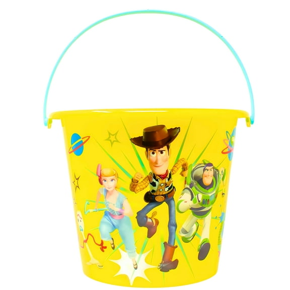 Adventure-Themed Yellow Easter Basket, 8-Inch Reusable Plastic Bucket w/ Handle Halloween Trick or Treat Gift Container Storage Summer Beach Pail Party Favor Egg Hunt Accessory Home Office Organizer