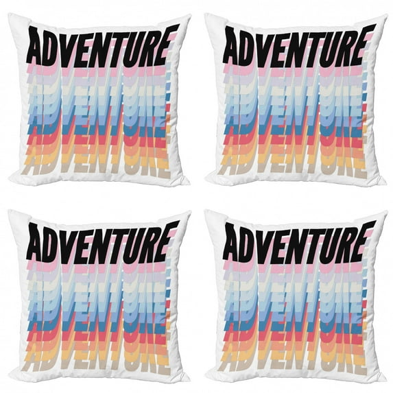Adventure Throw Pillow Cushion Case Pack of 4, Colorful Illustration of Retro Inspired Nested Lettering Modern Calligraphy, Modern Accent Double-Sided Print, 4 Sizes, Multicolor, by Ambesonne
