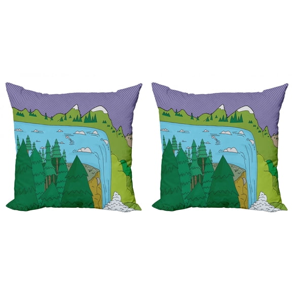 Adventure Throw Pillow Cushion Cover Pack of 2, Cartoon Style Print of Fish Jumping near the Edge of a Waterfall in the Wild, Zippered Double-Side Digital Print, 4 Sizes, Multicolor, by Ambesonne