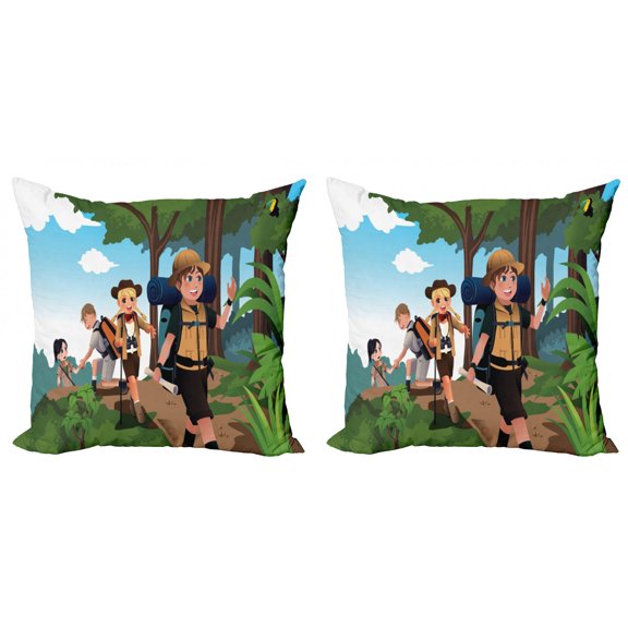 Adventure Throw Pillow Cushion Cover Pack of 2, Illustration of Camping Crowd Scout Trees Sky Plants Active Travelling Print, Zippered Double-Side Digital Print, 4 Sizes, Multicolor, by Ambesonne