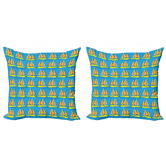 Adventure Throw Pillow Cushion Cover Pack of 2, Repetitive Pattern of Nautical Elements Sailboats Marine Lifestyle, Zippered Double-Side Digital Print, 4 Sizes, Blue Orange and Yellow, by Ambesonne