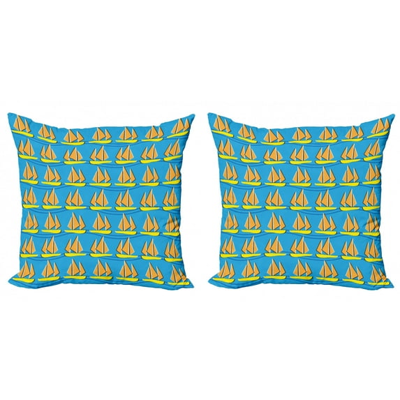 Adventure Throw Pillow Cushion Cover Pack of 2, Repetitive Pattern of Nautical Elements Sailboats Marine Lifestyle, Zippered Double-Side Digital Print, 4 Sizes, Blue Orange and Yellow, by Ambesonne