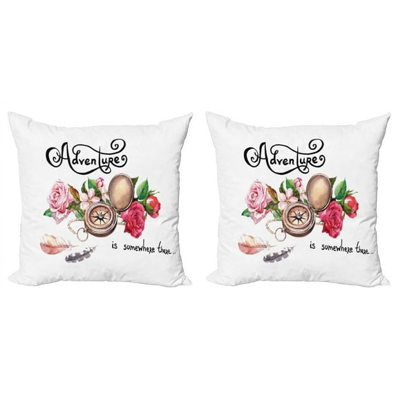 Ambesonne Adventure Throw Pillow Cover 2 Pack, Old Compass Flowers, 24", Multicolor