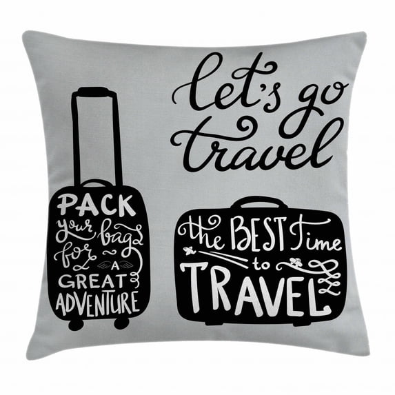 Adventure Throw Pillow Cushion Cover, Packing the Bags and Traveling World Journey and Fun Themed Work of Art Print, Decorative Square Accent Pillow Case, 16 X 16 Inches, Black White, by Ambesonne