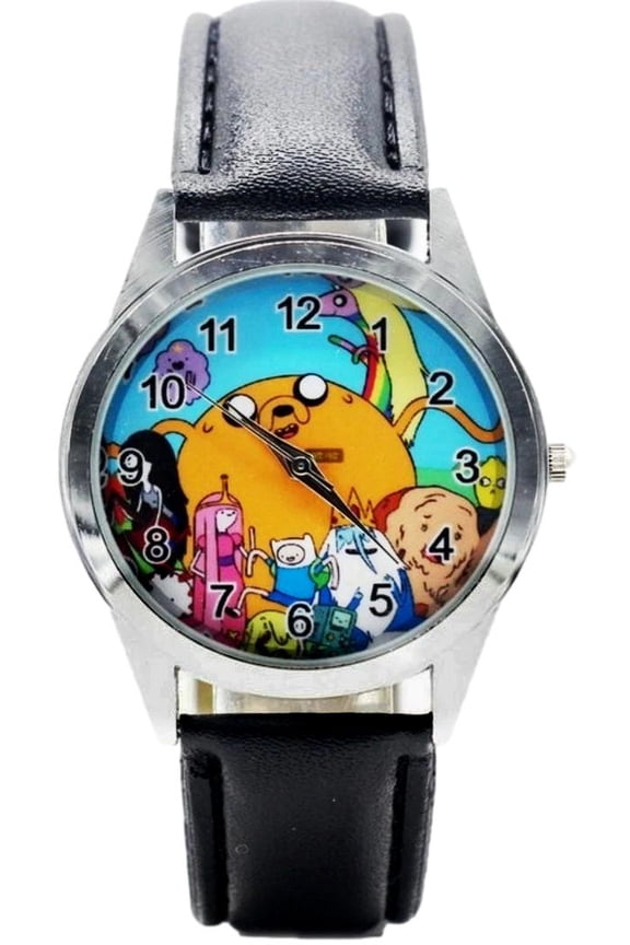 Adventure Time Cartoon Characters Black PU Leather Band Wristwatch