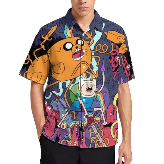 Adventure Time Casual Short Sleeve Shirt Lapel Collar Shirt Summer Beach Shirt M