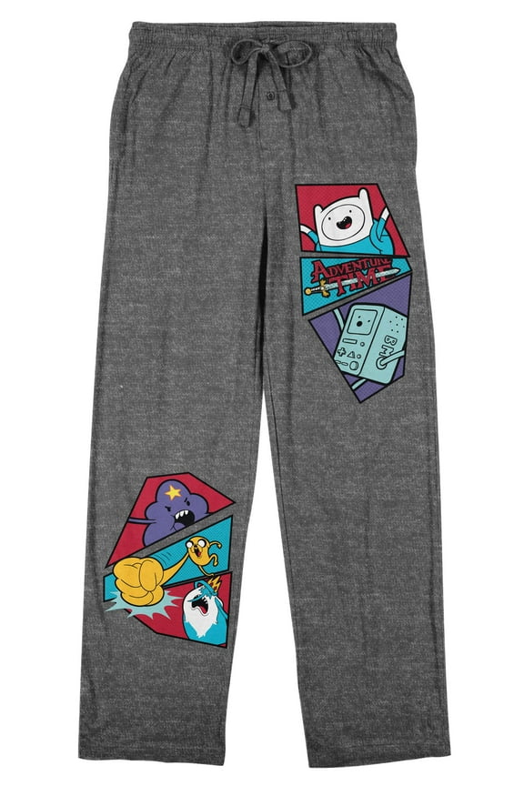 Adventure Time Characters and Logo Men's Charcoal Heather Drawstring Sleep Pants-Large