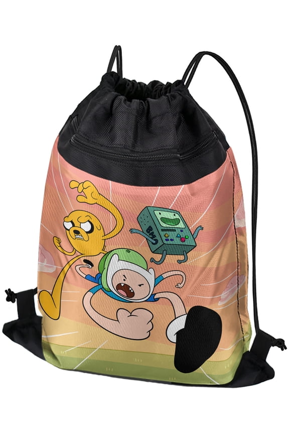 Adventure Time Finn And Jake Attack Friends Drawstring Backpack Sports Bag Sackpack 17" x 13", Perfect for Gym, Yoga or Practice