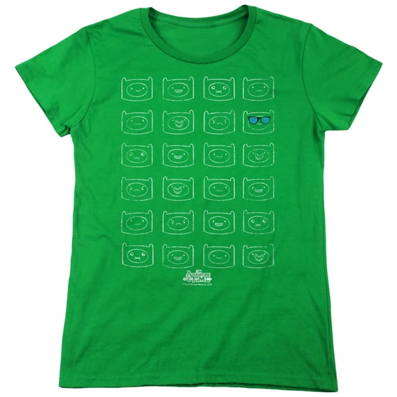 Adventure Time Finn Faces Women's T Shirt, Kelly Green, 2X-Large