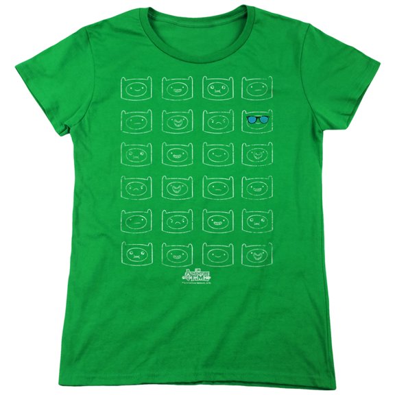 Adventure Time Finn Faces Women's T Shirt, Kelly Green, Medium