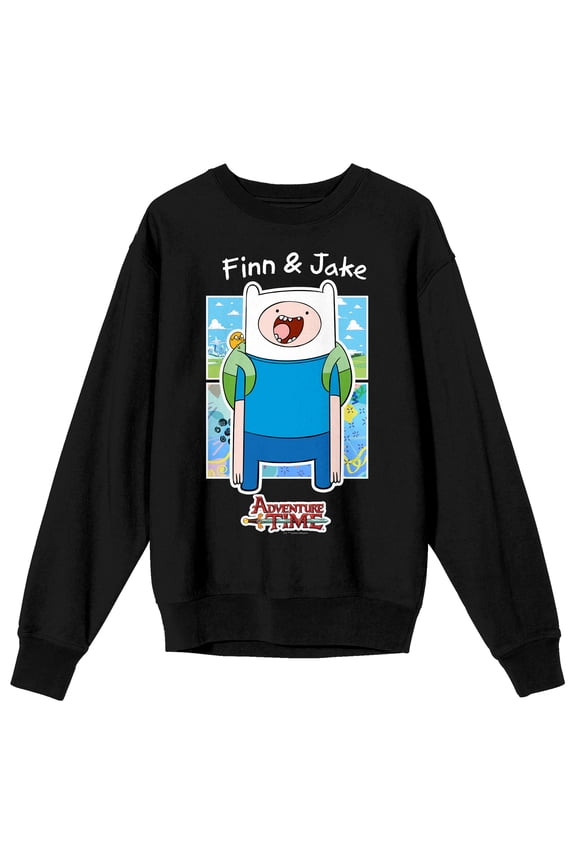 Adventure Time Finn & Jake Crew Neck Long Sleeve Black Adult Sweatshirt-Medium
