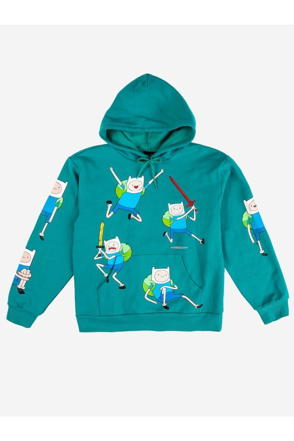 Adventure Time Finn Puff Print Long Sleeve Turquoise Adult Hooded Sweatshirt-Large