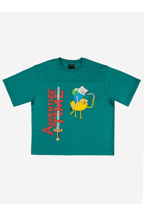 Adventure Time Finn Riding Jake Crew Neck Short Sleeve Turquoise Adult Athletic Mesh Jersey-XL