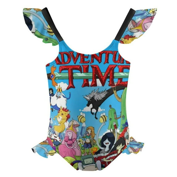 Adventure Time Girls Swimsuit Ruffle One-piece Beachwear Kids Cute Swimwear Summer Bathing Suit 7-9Y(120cm)