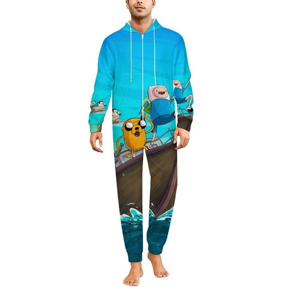 Adventure Time Jake The Dog Men's Hooded Jumpsuit - Zip Up One Piece Pajamas Soft Cozy Winter Warm Plush Loungewear
