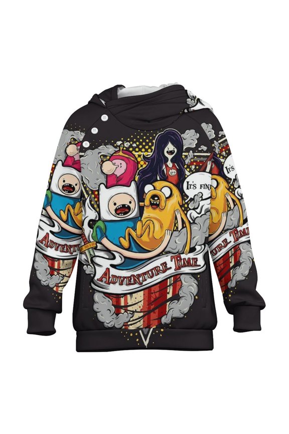 Adventure Time Kids Hoodie Raglan Sleeve Hooded Snap Sweatshirt Casual Wear Soft Breathable Outerwear Winter Clothes 6-7Y