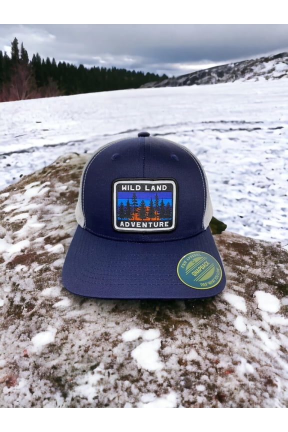 Adventure Trucker Hat Mesh Back Snapback Cap, Navy Blue and White