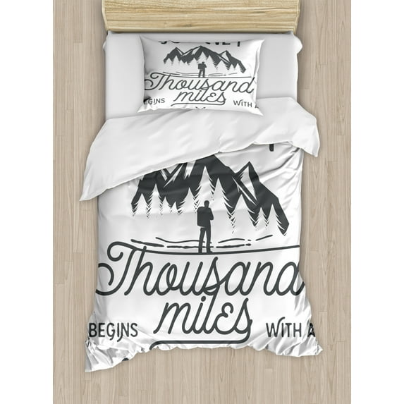 Adventure Twin Size Duvet Cover Set, Long Journeys Starts with a Single Step Quote Inspirational Motivational Image, Decorative 2 Piece Bedding Set with 1 Pillow Sham, Black White, by Ambesonne