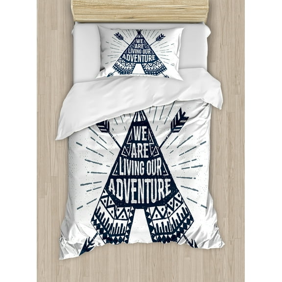 Adventure Twin Size Duvet Cover Set, Teepee with Crossed Arrows We are Living Our Adventure Inspirational Lettering, Decorative 2 Piece Bedding Set with 1 Pillow Sham, Black White, by Ambesonne